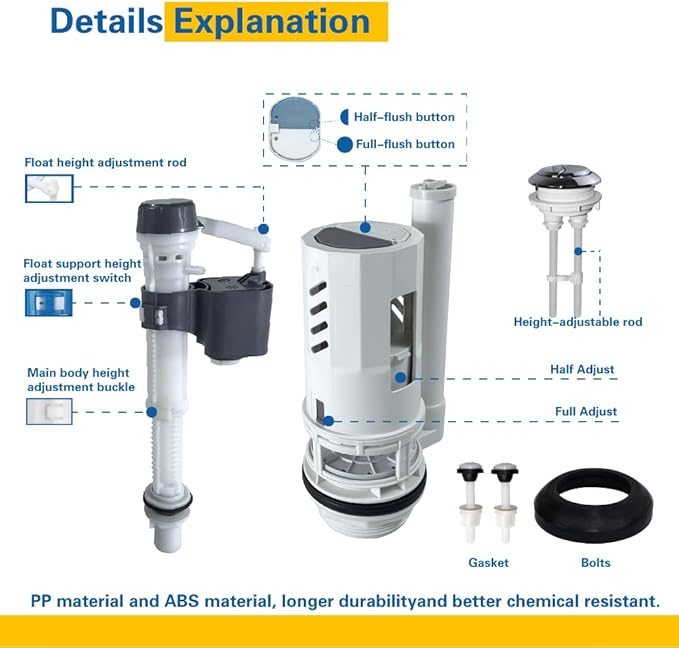3-Inch Dual Flush Valve Replacement Kit for 2-Piece Toilets, Include Toilet Flush Valve with Push Button, Toilet Fill Valve, Bowl Gasket and Plastic Bolts.