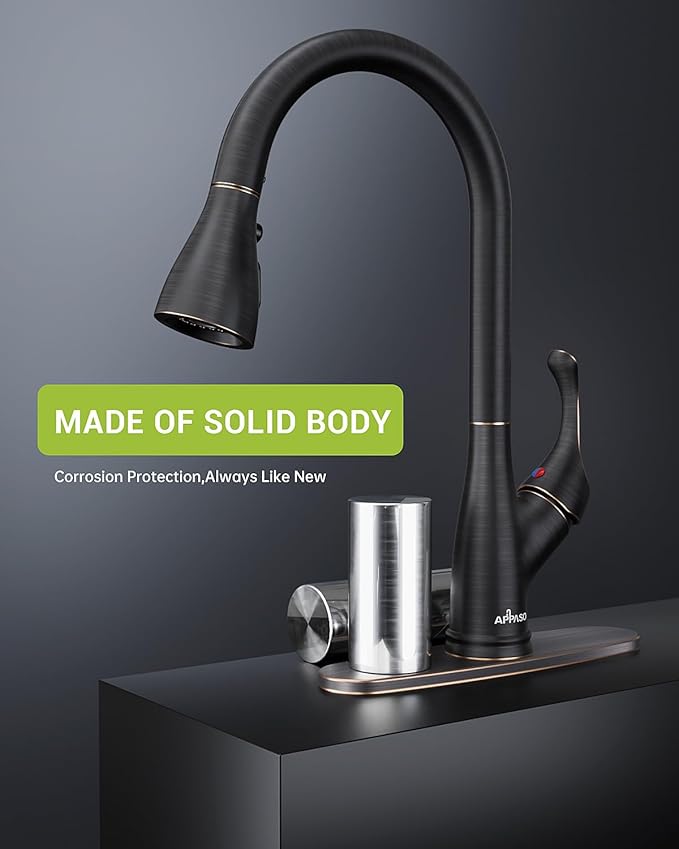 APPASO Kitchen Faucet with Pull Down Sprayer Oil Rubbed Bronze, Single Handle High Arc Pull Out Spray Head Kitchen Sink Faucet with Deck Plate