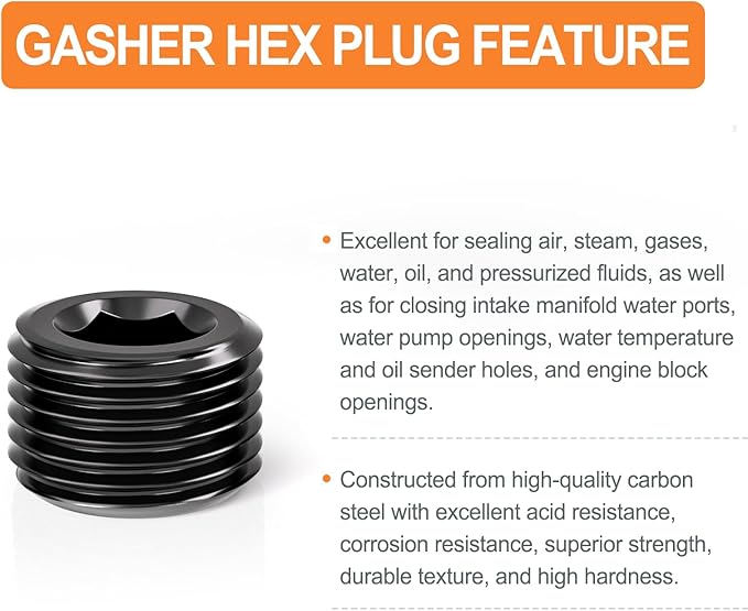 GASHER 70Pcs Carbon Steel Pipe Plug Fitting Internal Hex Thread Socket Pipe Plug Set, 1/8" 1/4" 3/8" 1/2" 3/4" NPT