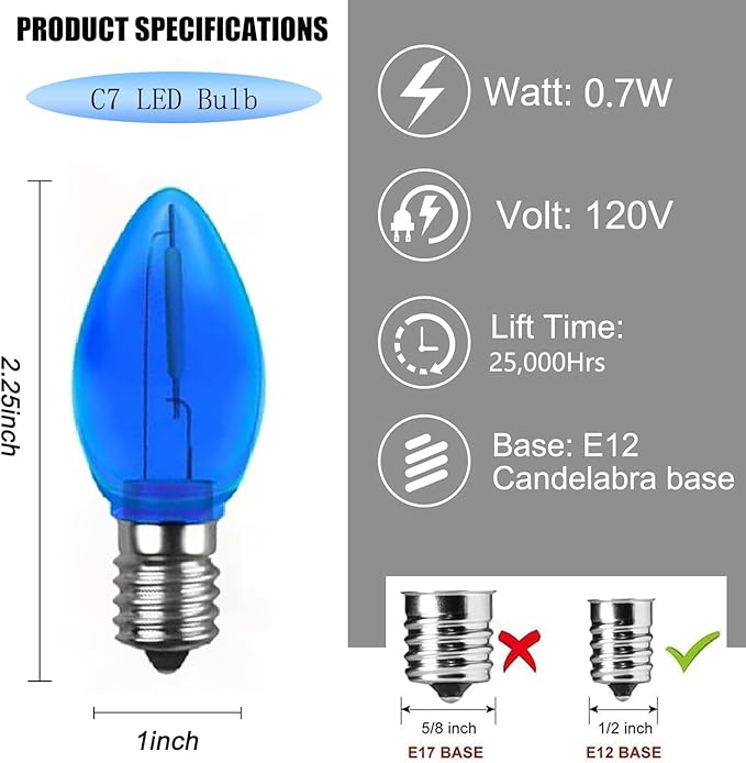 10 Pack Christmas Replacement Blue Bulbs,Outdoor Individual LED Bulbs for Events, Holiday Parties, Patios C7/E12 Candelabra Base,Shatterproof Plastic (Blue)