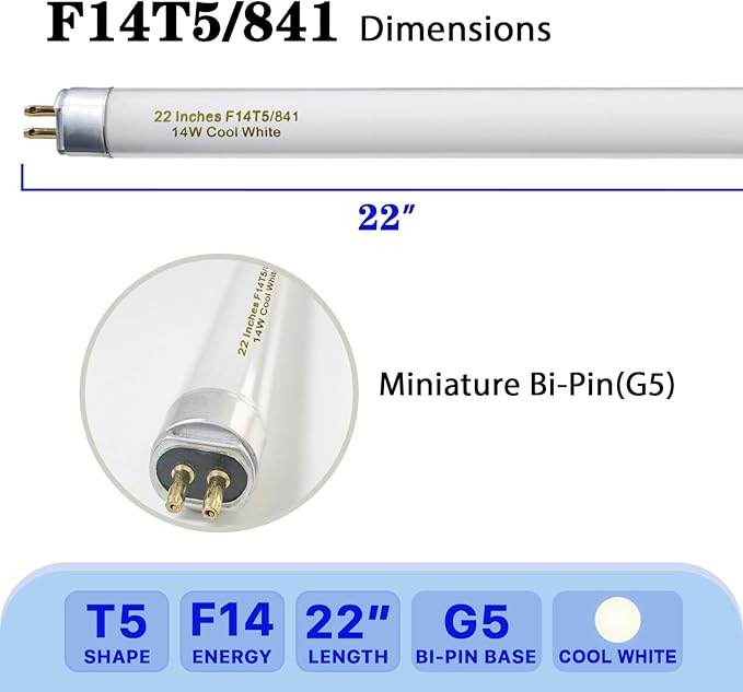 amgolibi T5 14W 4100K Fluorescent Tube, 22 Inches F14T5/841 Straight Fluorescent Bulb, F14T5/CW Fluorescent Lamp for Counter and Cabinet Fixture, Cool White 1250 Lumen G5 Base