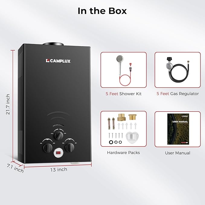 CAMPLUX Tankless Water Heater - 2.64GPM Portable Propane Heater for Off Grid, Camping, Outdoor Shower - 68,000 BTU - BW264B - Black