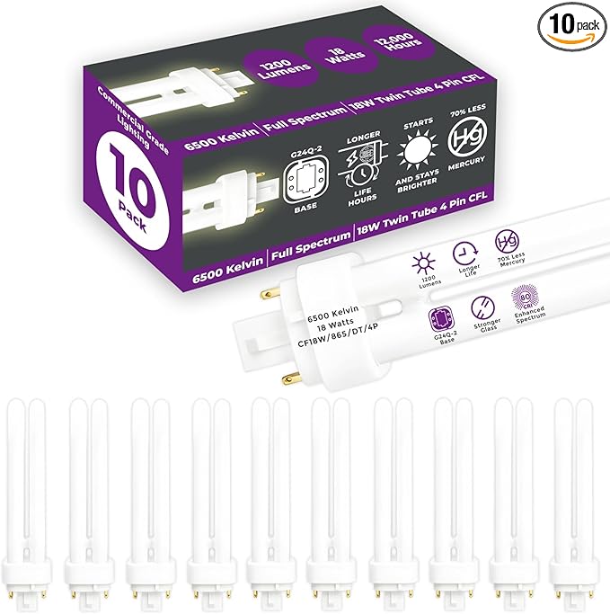 GoodBulb 18 Watt CFL Light Bulbs 4 Pin G24Q-2 Base 6500K Full Spectrum 18W High Output 1200 Lumens Double Tube Compact Fluorescent Light Bulbs Plug-in 10 Pack