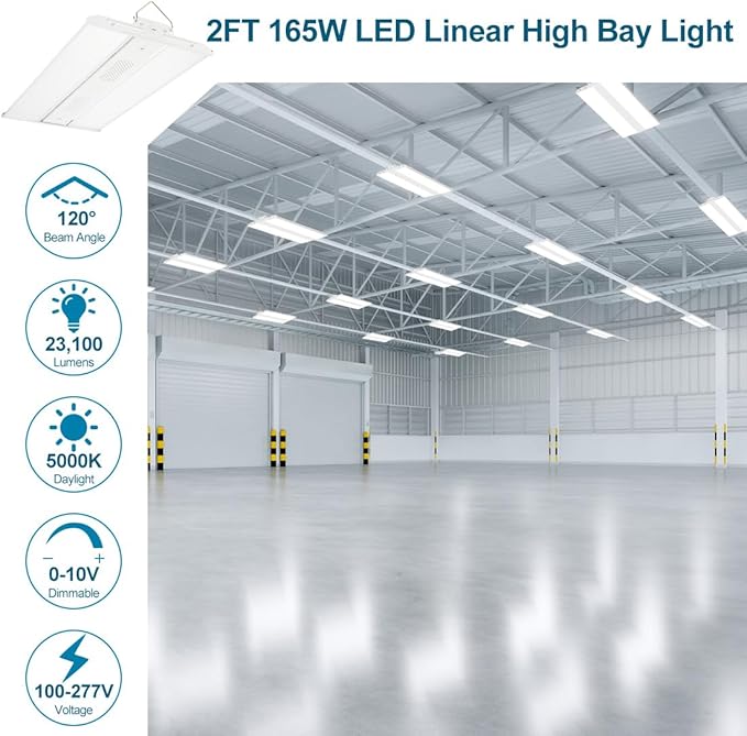 4-Pack LED High Bay Shop Light Commercial 165W 23100 Lumens 5000K 100-277V Dimmable, 2FT Linear Hanging Bay Lights for Warehouse Workshop Supermarket Stadium, Power Tunable 165W/110W/80W