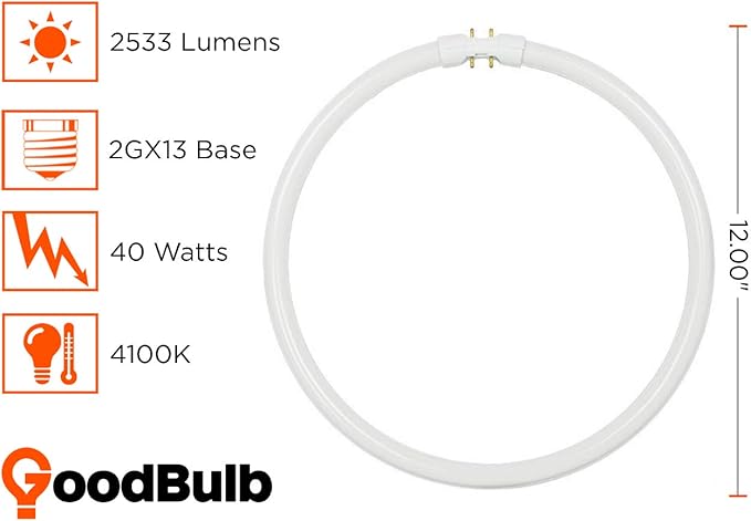 GoodBulb 40-Watt 12 Inch T5 Fluorescent Circline Light Bulb | 4100K Cool White Light Color | 2GX13 Base | High Output 2533 Lumens | 10000 Life Hours 80 CRI | Pack of 10 Bulbs