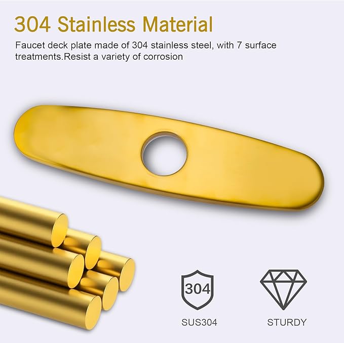 Faucet Deck Plate, Kitchen Sink Hole Cover, 10 Inch Inch Escutcheon Stainless Steel for 1 or 3 Hole Sink Faucets, Brushed Gold, Round