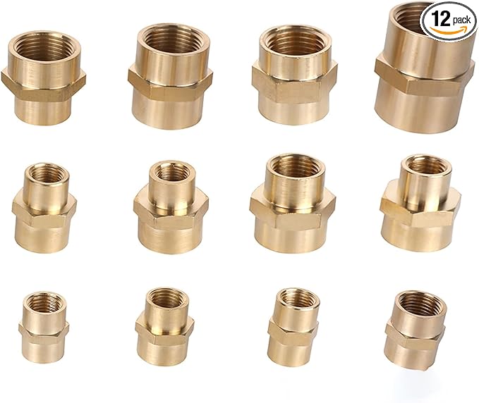 Hex Couplings, 1/4" NPT Female To Female Brass Hex Nipple Adapters, Brass Pipe Extension Fittings for Oil/Air/Water/Gas Systems. (12 Pack)