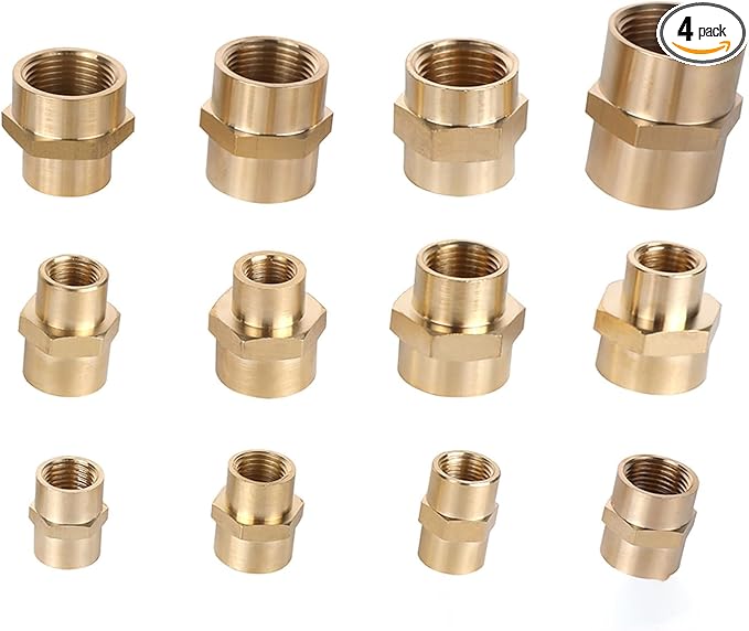 Hex Couplings, 1/4" NPT Female To Female Brass Hex Nipple Adapters, Brass Pipe Extension Fittings for Oil/Air/Water/Gas Systems. (4 Pack)