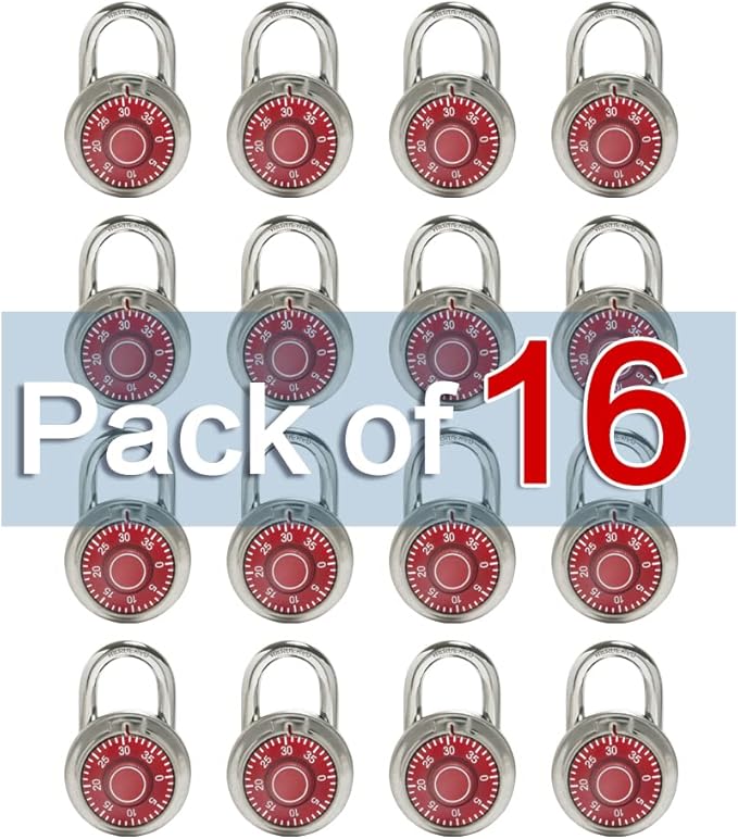 LanuBe Standard Dial Combination Lock, 2 in. Wide, with Different Combinations, Red Turnplate, Pack of 16; Lock for School, Employee, Gym Sports Locker, Case, Toolbox