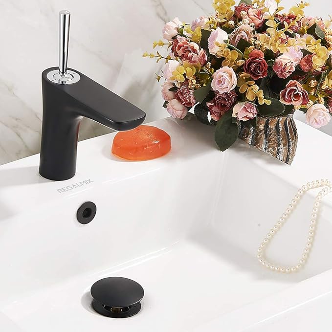 Vessel Sink Drain, Bathroom Faucet Vessel Sink Pop Up Drain Stopper, Built-in Anti-Clogging Strainer, with Overflow Matt Black, Fits Standard American Drain Hole(1-1/2" to 1-3/4") RWF083P