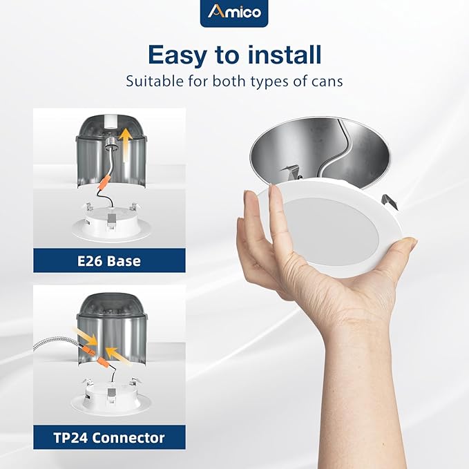 Amico Recessed Lighting 4 Inch, 24 Pack 5CCT Flat LED Can Lights, 2700K/3000K/4000K/5000K/6000K Selectable, 7W Eqv 60W, 700LM Brightness, Retrofit Installation - ETL & FCC