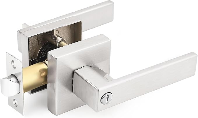 1 Pack Square Rose Privacy Door Lever,Satin Nickel Finished,Interior Door Lock for Bed/Bath
