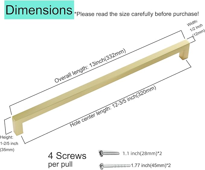 Gold Handles for Kitchen Cabinets 10 Pack, 12-3/5 Inch Hole Center Stainless Steel Square Cabinet Pulls Brushed Gold Cabinet Handles Drawer Handles Dresser Hardware