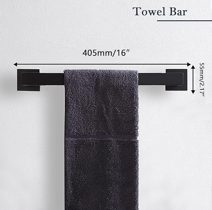 Bathroom Accessories Towel Bar Set: 20 Pieces Matte Black Bathroom Hardware Square SUS304 Stainless Steel - Wall Mounted Towel Rack&Toilet Paper Holder&Towel Ring and Towel Hook