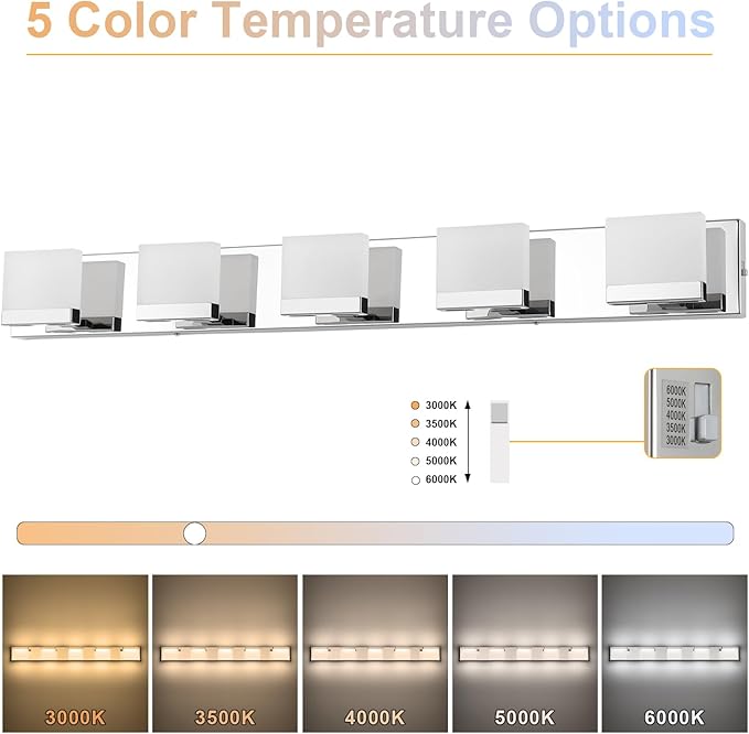 SineRise LED Modern Bathroom Vanity Light Fixtures (5-Light, 40-Inch, 5CCT), Chrome Modern Acrylic Bathroom Wall Lighting Fixtures Over Mirror (3000K/3500K/4000K/5000K/6000K)