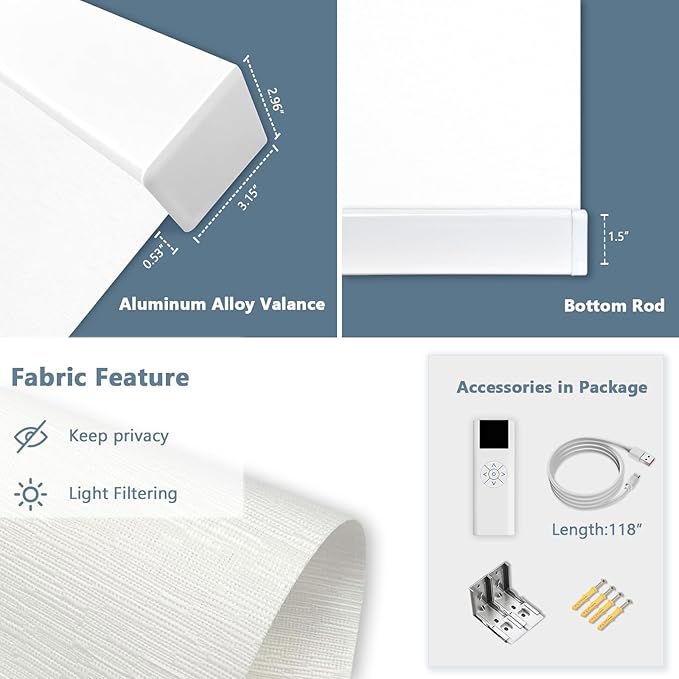 Motorized Blinds with Remote Cordless Automatic Motorized Shades Custom Blinds for Windows Smart Curtains Compatible with Alexa Google Home(Light Filtering Jacquard White,W31 x H72in)