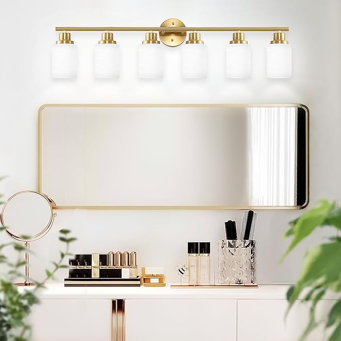 6-Light Vanity Lights, Brushed Gold Bathroom Light Fixture with Striped Textured Milky White Glass Shade, E26 Wall Sconce, Modern Vanity Lighting Fixture for Bathroom Wall Light Over Mirror