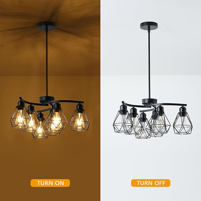 6-Light Black Chandelier,Farmhouse Chandelier for Dining Room Light Fixtures Over Table,21.7" Industrial Hanging Pendant Lighting with Metal Cage Shade for Kitchen Island Entryway Foyer Bedroom