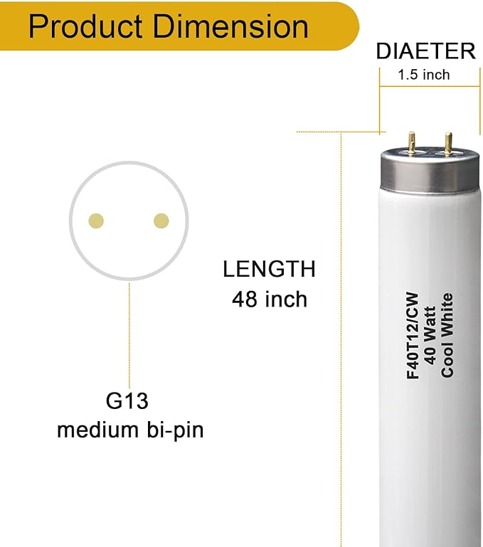 F40T12 48 inch luorescent Bulbs,T12 4 Foot Linear Fluorescent Tube,40 watts,2600 lumens,4100K Cool White,Replacement Tubes for Sylvania 21371 F40CWX,Philips 423129 F40T12/CW(6 Pack)