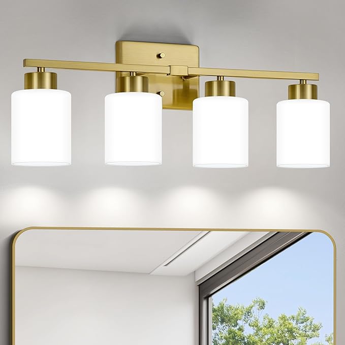 Brushed Gold Bathroom Light Fixtures, 4-Light Modern Vanity Light Over Mirror, Wall Sconces with Milky White Frosted Glass Shades, E26 Socket (Bulbs Not Included)