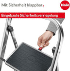 HAILO K70 StandardLine 2-Step Ladder – Foldable Steel Step Stool with Safety Lock, Wide Non-Slip Mats, 330 lb Capacity, Compact Storage, Carry Handle, Stable for Home, Kitchen, Office – Silver