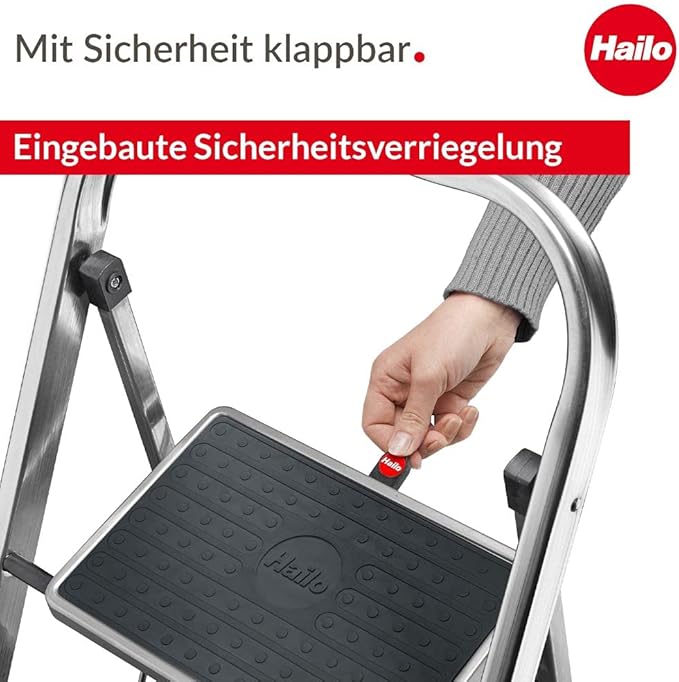 HAILO K70 StandardLine 2-Step Ladder – Foldable Steel Step Stool with Safety Lock, Wide Non-Slip Mats, 330 lb Capacity, Compact Storage, Carry Handle, Stable for Home, Kitchen, Office – Silver