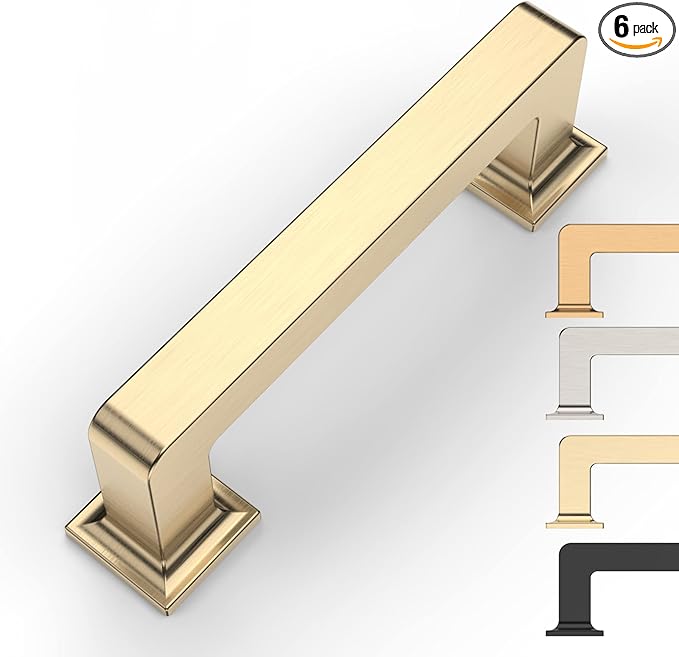 6 Pack 3 Inch Cabinet Handles - Brushed Brass Kitchen Pulls - Gold Cabinet Hardware