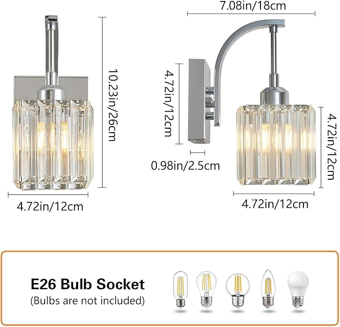Wall Sconces, Set of 2 Chrome Crystal Vanity Lights, Modern Wall Lamp for Bathroom, Hallway, and Makeup, Easy Installation