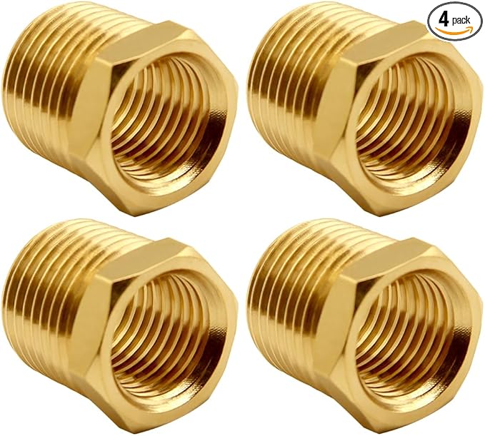 4PCS Brass Reducer Bushing, 1/2" NPT Male to 3/8" NPT Female Thread, Hex Reducing Convert Adapter Pipe Fitting Connector for Water/Oil/Gas