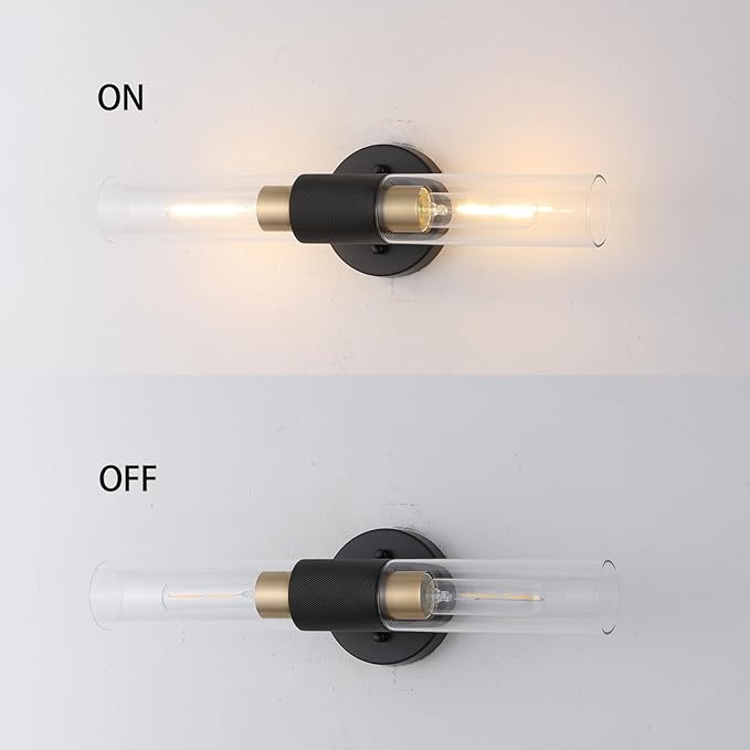 Modern Knurled Texture Wall Sconce Clear Glass Shade Modern Gold Black Bathroom Vanity Light Fixtures 2-Lights Mid Century Wall Light for Mirror Living Room Hallway E26 T10 Bulbs(Excluded)