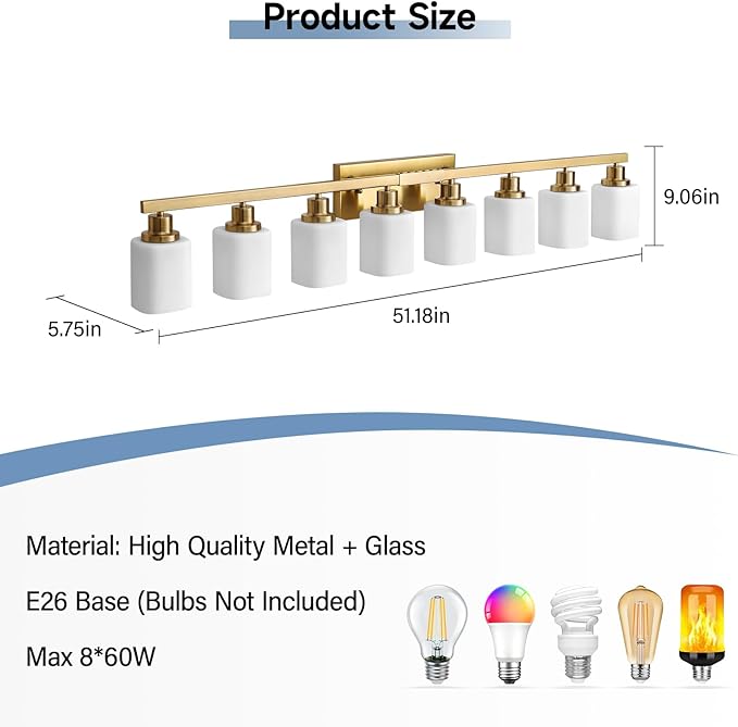 Bathroom Vanity Light,8-Light Brushed Gold Bathroom Light Fixtures with Square Frosted Glass,Gold Wall Lamp Sconces for Mirror Bedroom,Living Room Hallway,E26