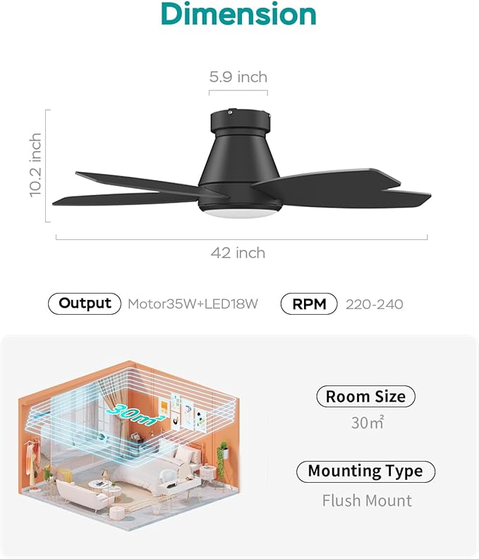 Ceiling Fans with Lights, 42 inch Ceiling Fans with Lights and Remote, Dimmable, Noiseless, Low Profile Ceiling Fan with Light for Bedroom, Indoor and Outdoor Use(Black)