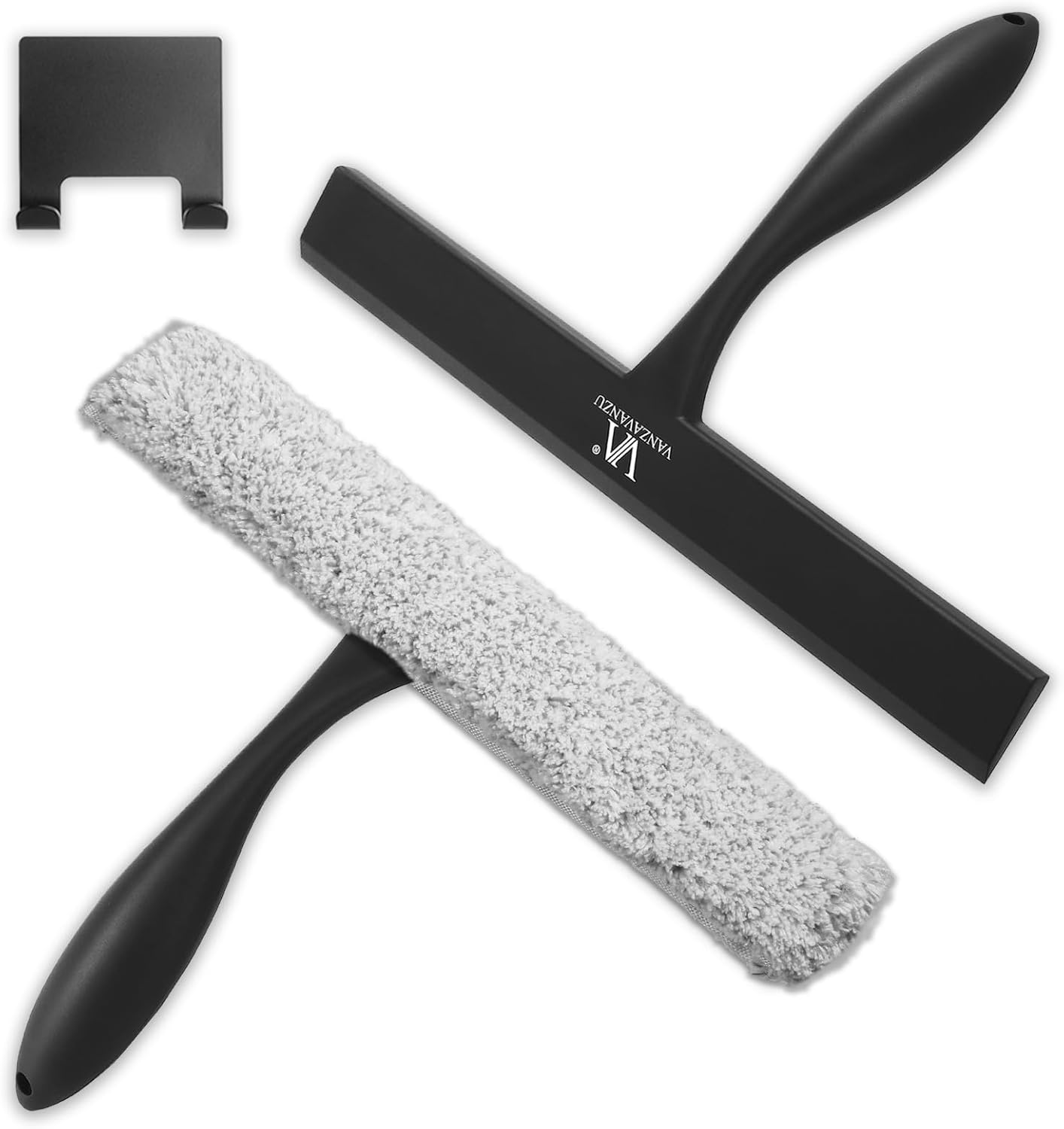 Shower Squeegee for Glass Doors & Microfiber Scrubber Kit 11Inch Window Washing Tools with Non-Slip Handle and Adhesive Hook