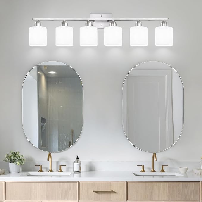 Brushed Nickel Vanity Light for Large Mirror, 6 Light Bathroom Lighting Fixtures Over Mirror with Milky White Frosted Glass Shades, 38 inch Bathroom Light for Mirrors, E26 Socket