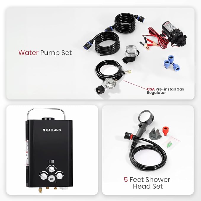 GASLAND 6L 1.58GPM Portable Propane Tankless Water Heater with 1.6 GPM Water Pump and 1/2" Twist-On Pipe Strainer