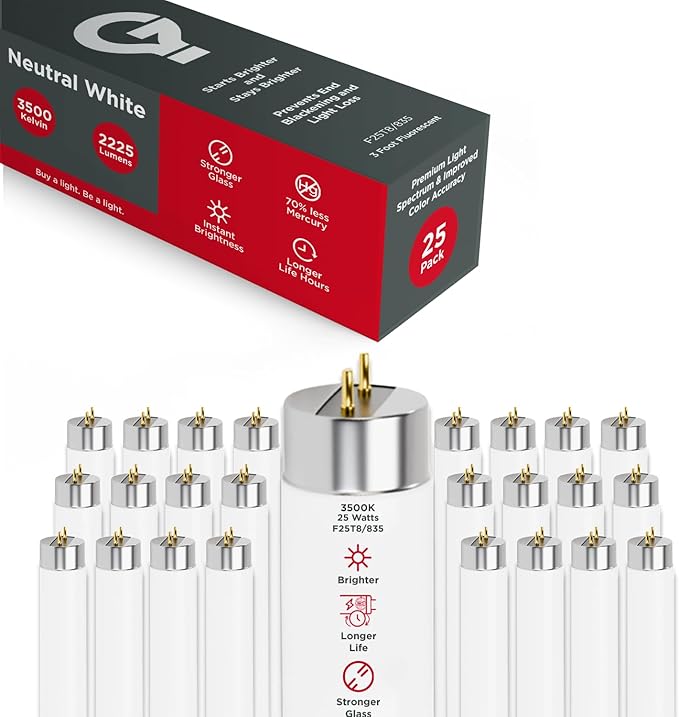 GoodBulb 25W 36 Inch T8 Fluorescent Light Bulb 3500K Soft White Light Color, Medium Bi-Pin Base 2225 Lumens 86 CRI 36000 Life Hours Instant/Programmed Start 25 Bulbs Pack