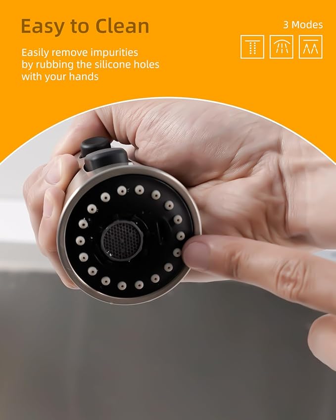 Hibbent Kitchen Sink Faucet Head Replacement, NSF/ANSI/CAN 61 & CUPC Certified, 3-Function Pull Down Sprayer Nozzle with 15 Adapters, Compatible with Delta, Kohler, Moen Faucets, Chrome (Silver)