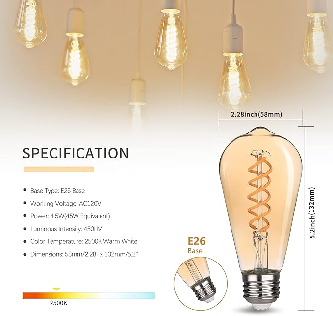 ST19/ST58 Vintage LED Edison Bulb,4.5W Warm White 2500K,Amber Glass Flexible Spiral LED Filament Light Bulb,450Lm Dimmable 4.5W Equivalent to 45W, E26 Base(4.5W-2500K-6 Pack)