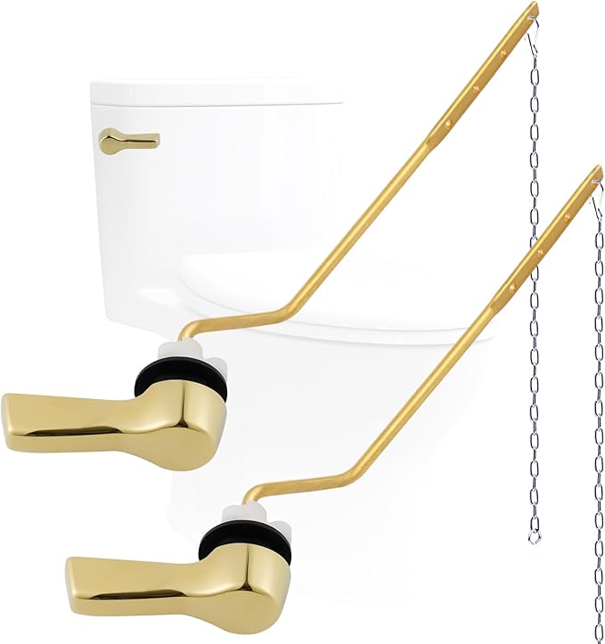 Hygie Rinse Metal Toilet Handle Lever Flush Replacement, 2PCS Universal Side Mount Toilet Handle with Stainless Steel Flapper Chains, Toilet Repair Kit, Shiny Gold