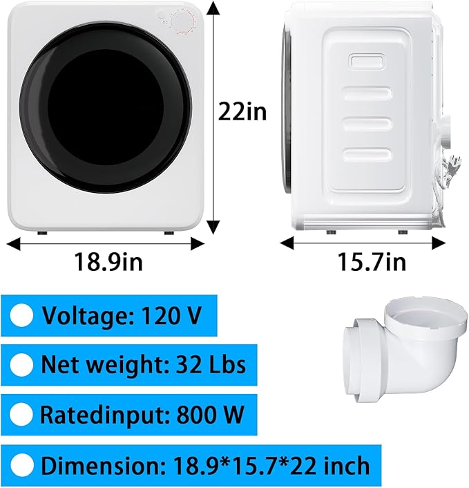 1.6 Cu.Ft Portable Clothes Dryer, 800W Fast Drying Front Load Laundry Dryer with 5 Mode, Mini Electric Clothing Dryer with Stainless Steel Tub, Compact Machine for Apartment, Home, Dorm
