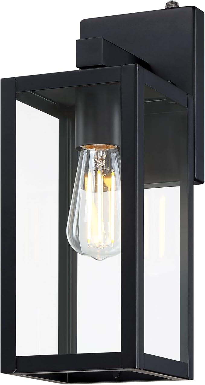 GRUENLICH Dusk to Dawn Large Outdoor Wall Lantern, Wall Sconce as Porch Lighting Fixture, E26 Base Max 60W, Metal Housing with Glass Shade (Black, 1-Pack)