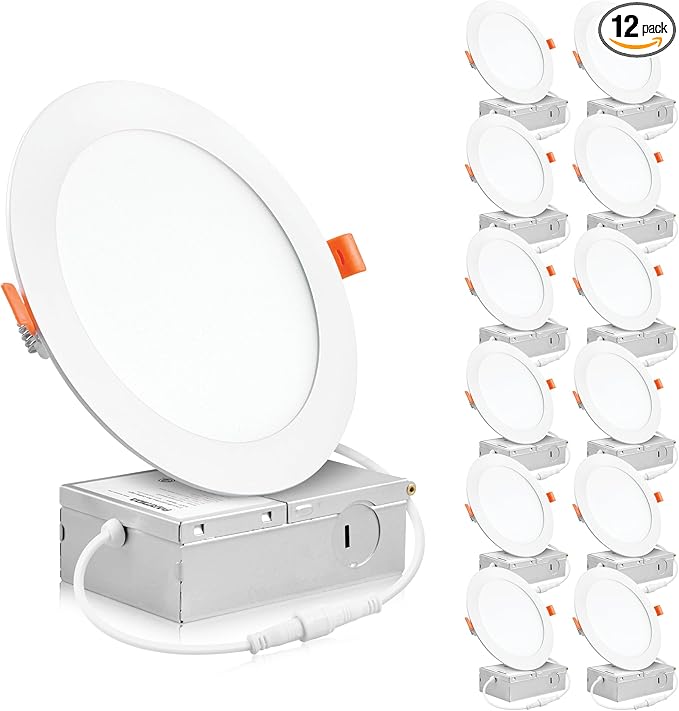PARMIDA (12 Pack) 6 Inch Ultra-Thin LED Recessed Ceiling Light with Junction Box, 12W, Dimmable Canless Wafer Slim Panel Downlight, IC Rated, ETL-Listed - 5000K