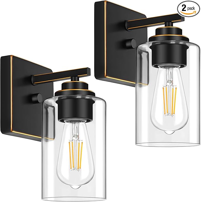 Set of 2 Wall Sconces for Bathroom, Modern Vanity Light Fixtures, Bronze Wall Mount Lighting Lanterns, Farmhouse Wall Lights with Clear Glass Shade for Bedroom Living Room Mirror Hallway Kitchen