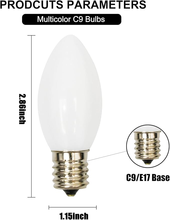 25 Pack Christmas Replacement Bulb, C9 Ceramic White Outdoor Christmas Bulb for Christmas Party String Lights, E17 Intermediate Base, 7W Night Light Bulbs for Indoor Outdoor Holiday Decor