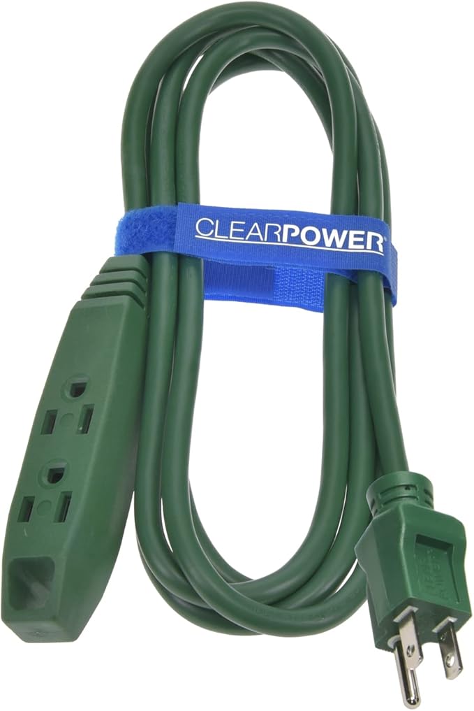 Clear Power Outdoor Extension Cord - 9 FT, Green | Lawn & Garden, 16/3 SJTW, 3-Outlet, Water & Weather Resistant, Flame Retardant, 3 Prong Grounded Plug, Perfect for Christmas and Holiday (CP10140)