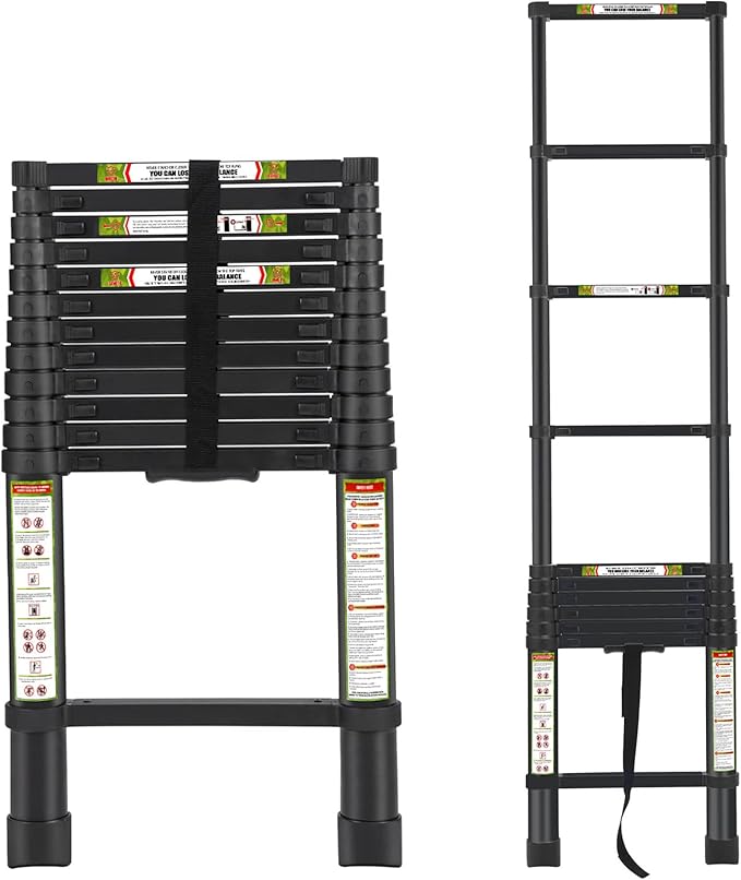 RIKADE Telescoping Ladder 12.5FT & Attic Ladder, Heavy Duty Aluminum with Non-Slip Feet, 330lb Capacity for RV, Attic, Roof & Multi-Surface Use