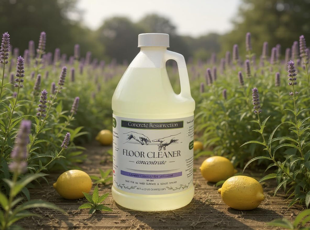 Concrete Resurrection Clean Living Floor Cleaner – Multi-Surface, Non-Toxic, Plant-Based, pH Neutral, Family & Pet Friendly. Safe, effective, and naturally scented for everyday clean.
