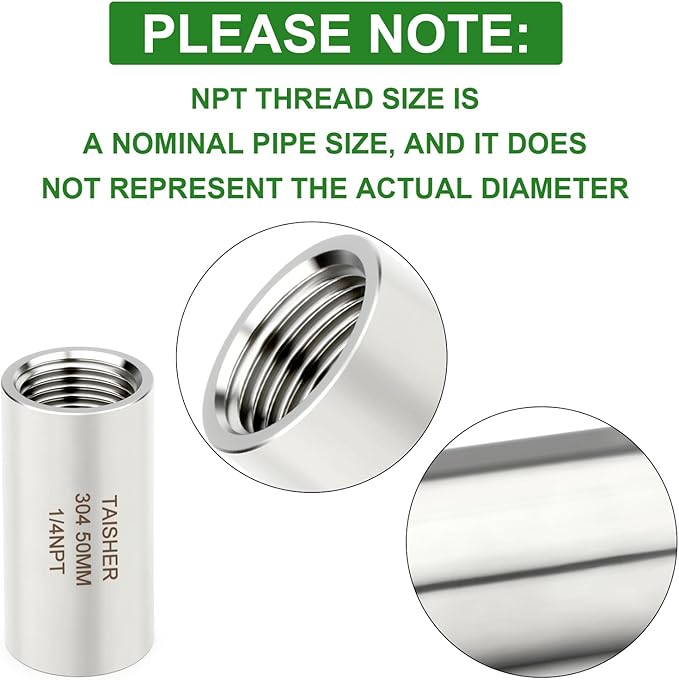 TAISHER 2PCS Stainless Steel Pipe Fittings, 1/4" NPT Female x 1/4" NPT Female Threaded, 2" Length Thickened Nipple Cast Pipe
