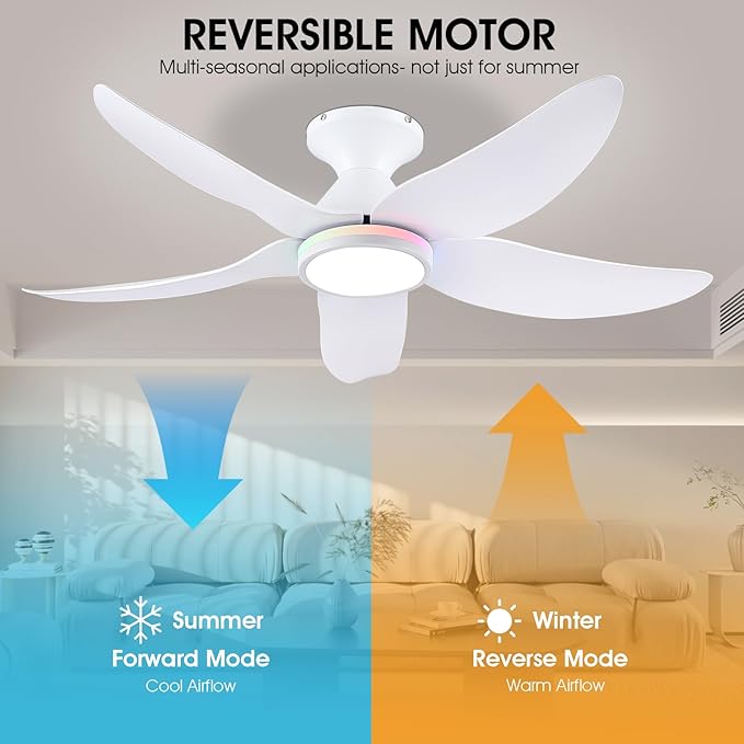 46" Ceiling Fans with Lights Remote/APP Control, Low Profile Ceiling Fans with Dimmable White Colors+Ring RGB Lights, 6 Speeds 5 Reversible Curved Blades for Kids Room Bedroom Living Room Bar, White