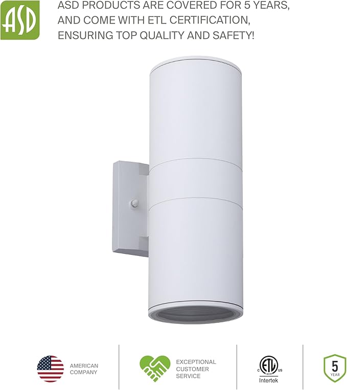ASD 2 Light Outdoor Wall Light Fixture | 120W E26 Bulb Socket 120V ETL Cylinder Up Down Lights | LED/CFL/Incandescent Bulb Exterior Wall Sconce | Front Door, Porch, Patio Lighting | White, 6 Pack